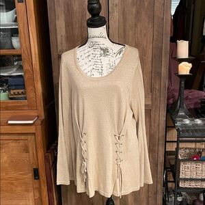 Thalia Sodi Shimmery Lace-Up Long Sleeve Top - Beige